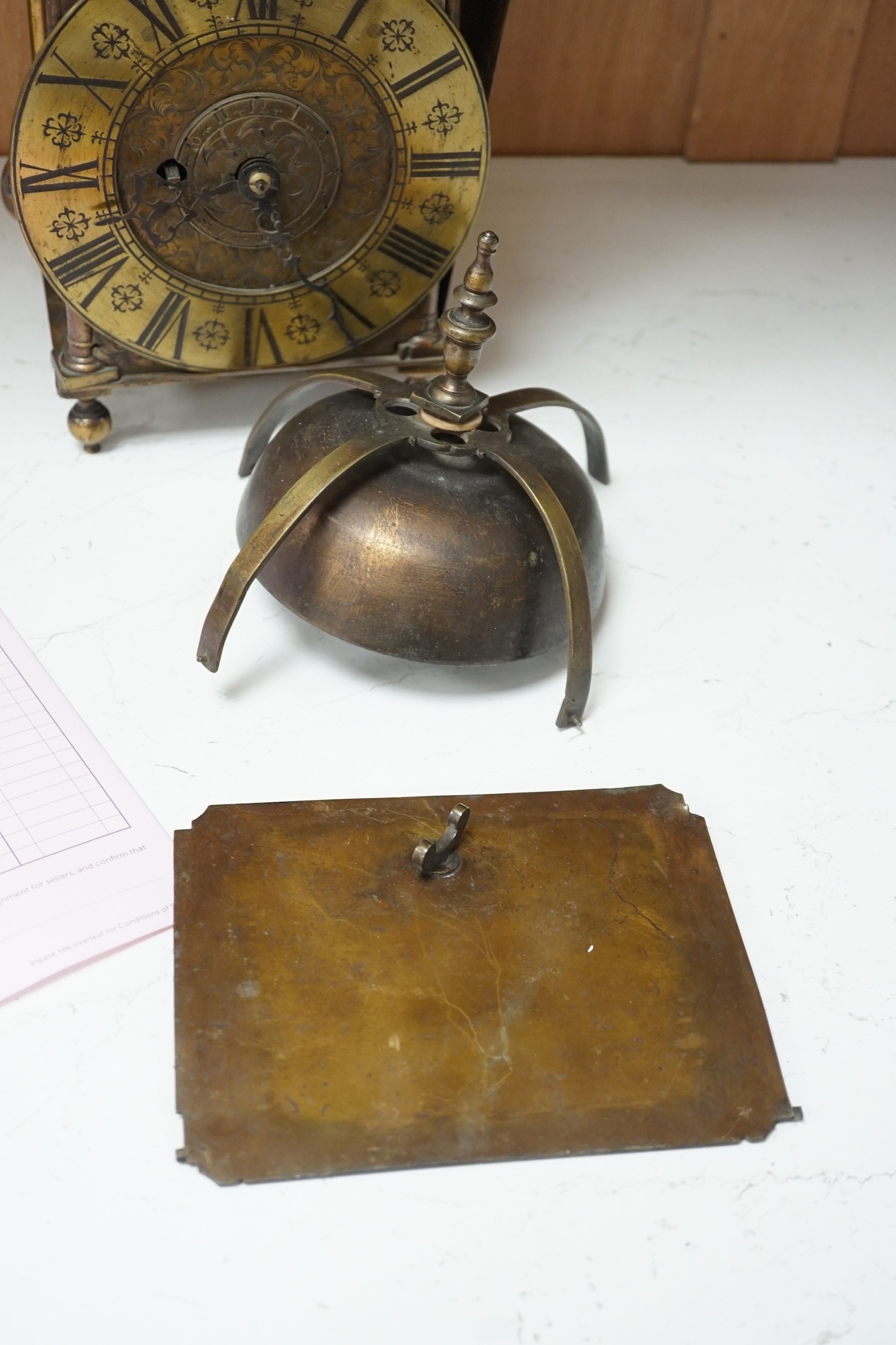 A 17th century and later brass lantern clock, fusee movement
